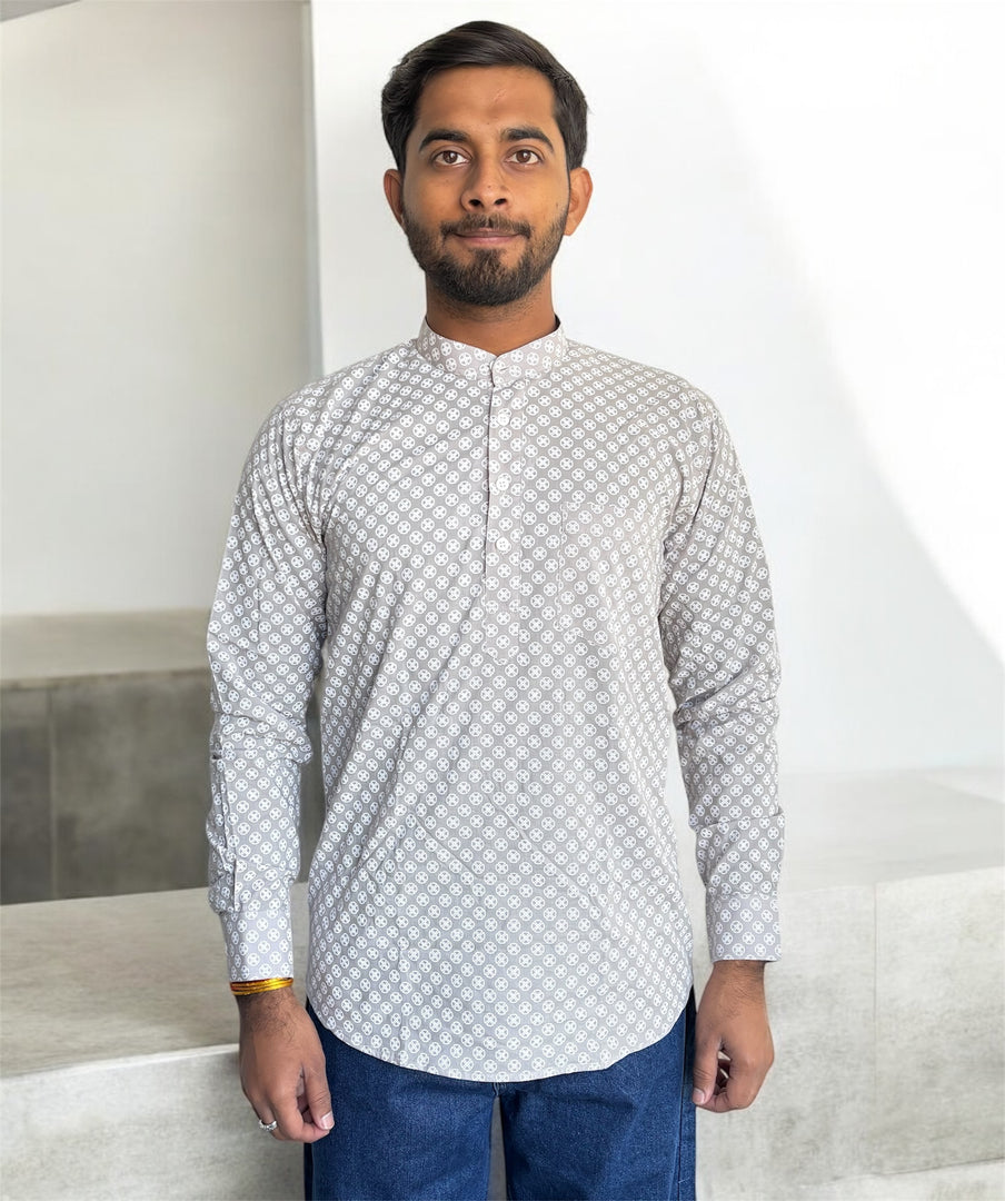 Grey Geometric Hand Block Printed Short kurta