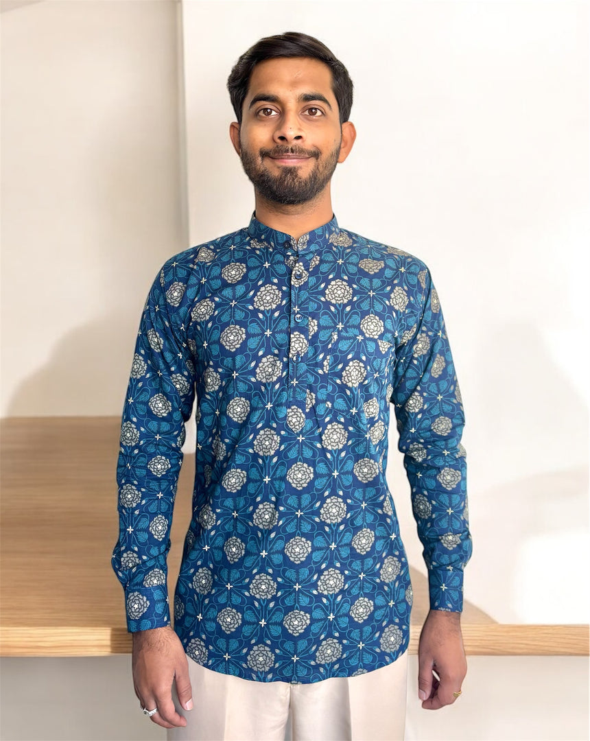 Indigo Blue Jaal Hand Block Printed Short kurta
