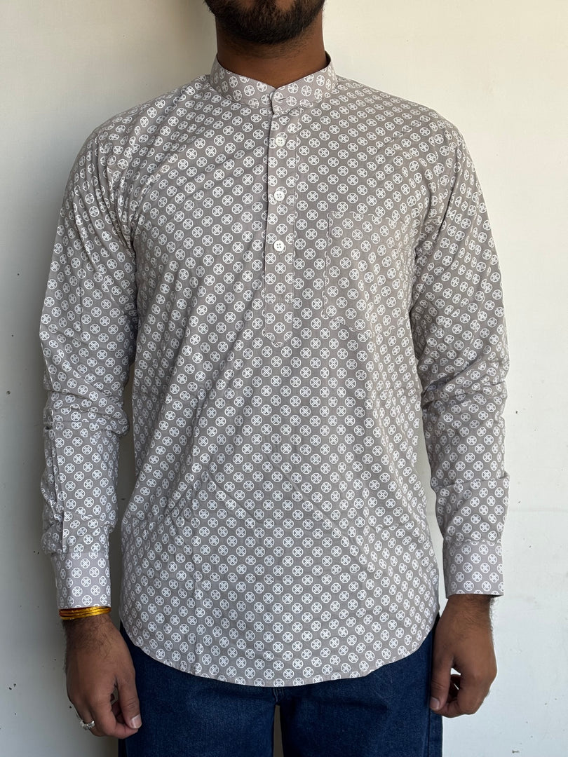 Grey Geometric Hand Block Printed Short kurta