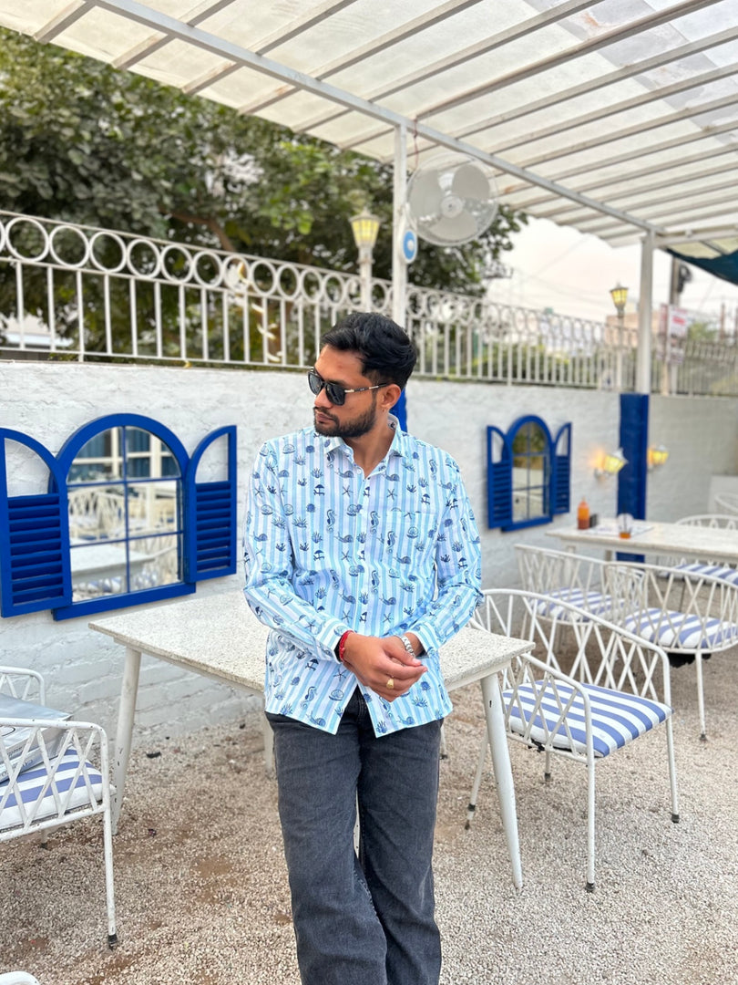 Striped Coral Primt Full Sleeve Shirt