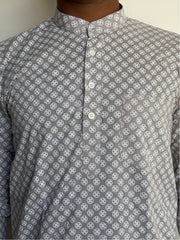 Grey Geometric Hand Block Printed Short kurta