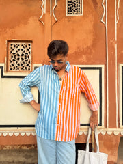 Orange Blue Colour Blocking full Sleeves Shirt